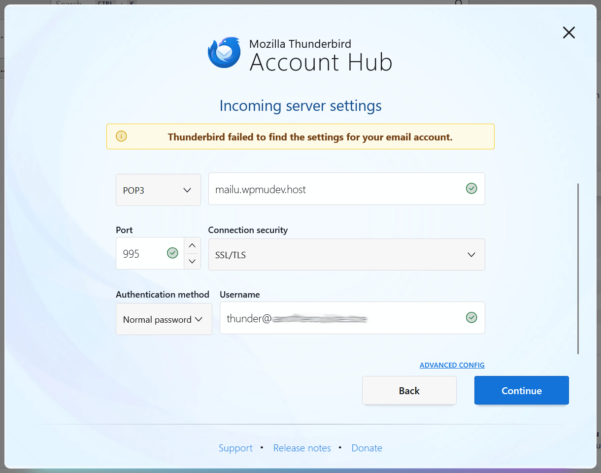 Incoming configuration for an email account connected to Thunderbird