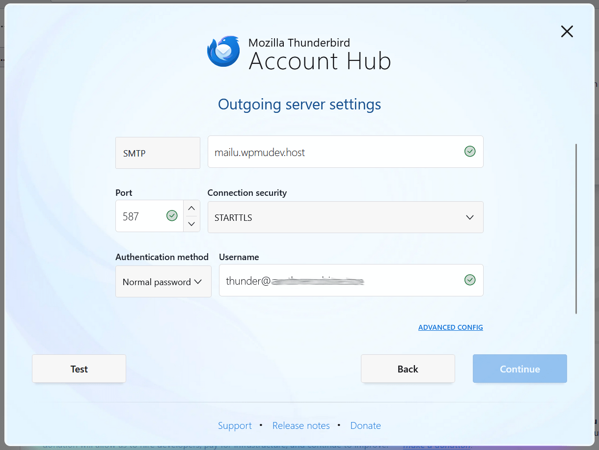 Outgoing configuration for an email account connected to Thunderbird