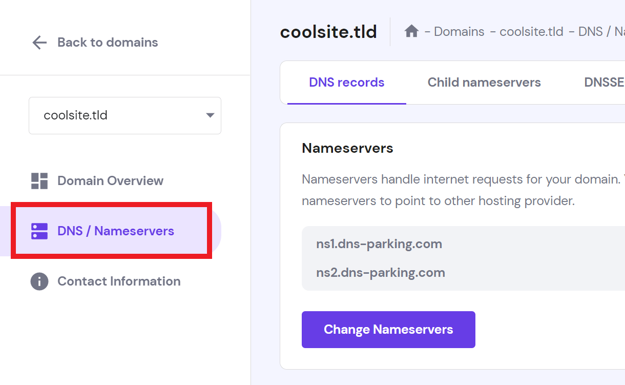 DNS settings at Hostinger