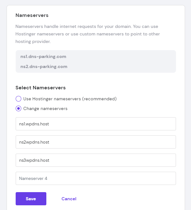 Edit nameservers at Hostinger