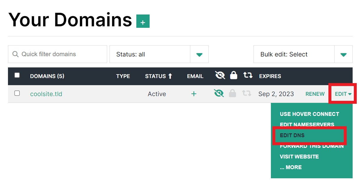 DNS settings at Hover