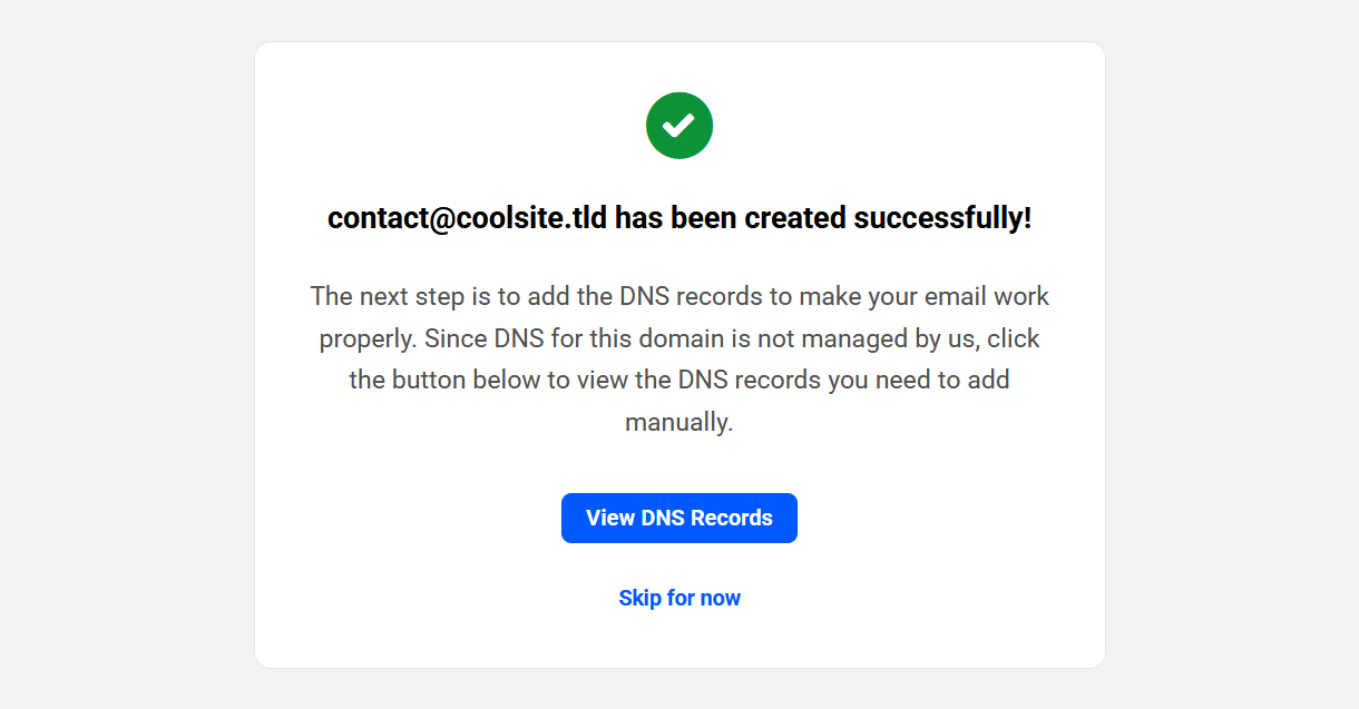 Email account creation success notice