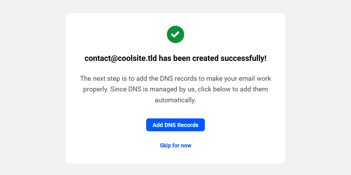 Email account creation success notice