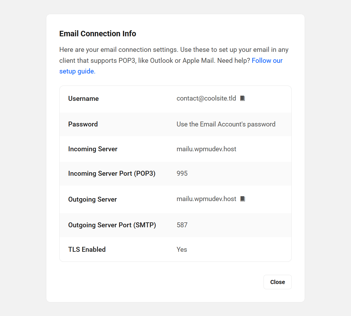 Email account info modal