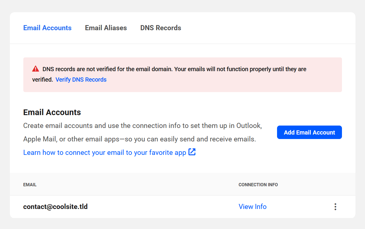 DNS records are not verified for the email domain