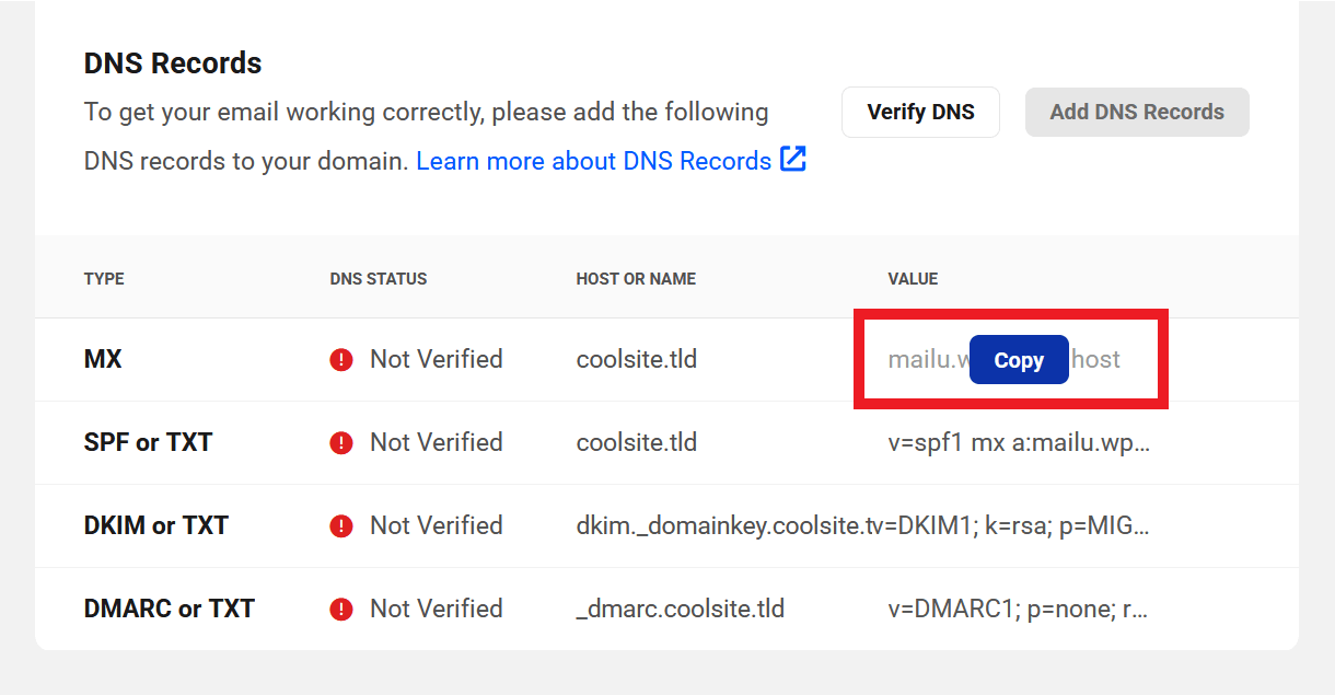 Copy email DNS record