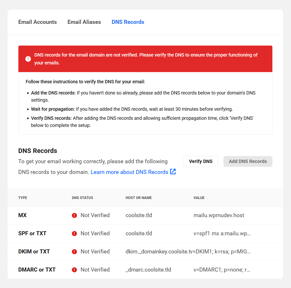 DNS records for the email domain not verified