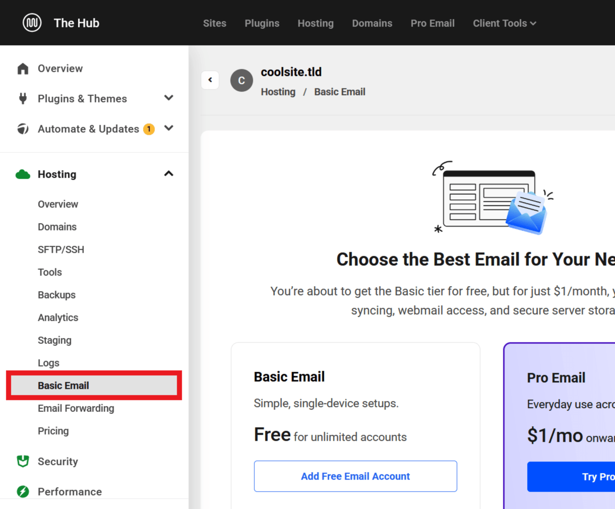 Hub hosting emails