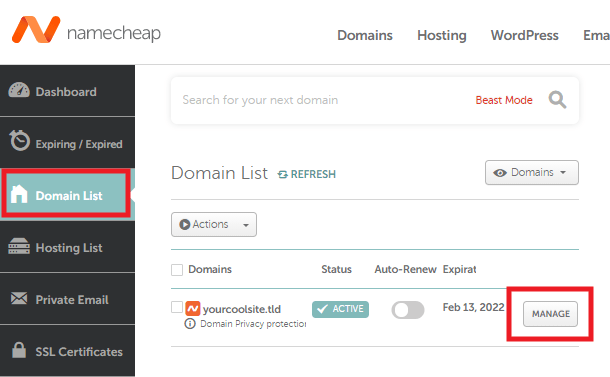 Namecheap account