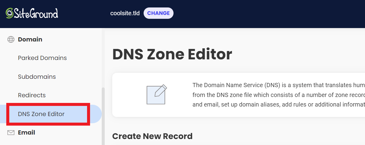 DNS editor at Siteground