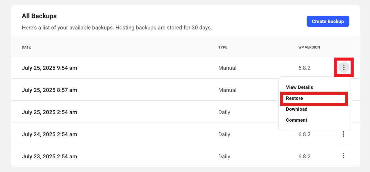 Backup restore option