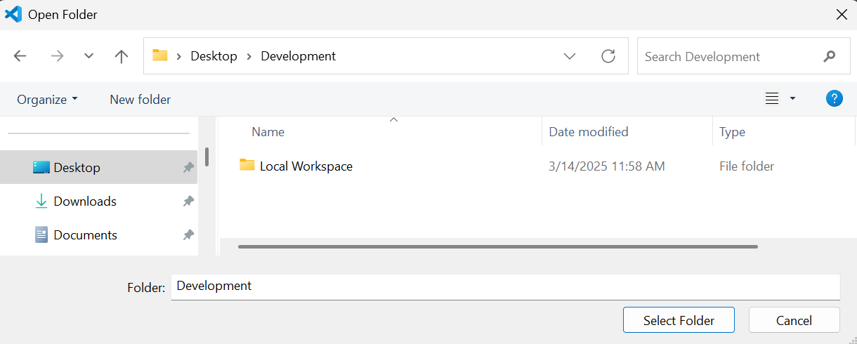 Choosing the workspace folder in VS Studio