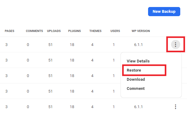 Restore a hosting backup from the Hub