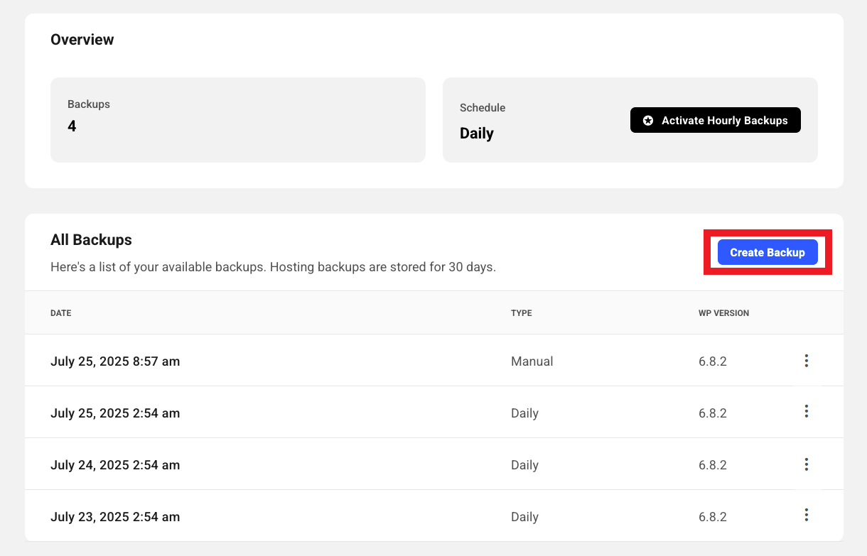 Create new hosting backup