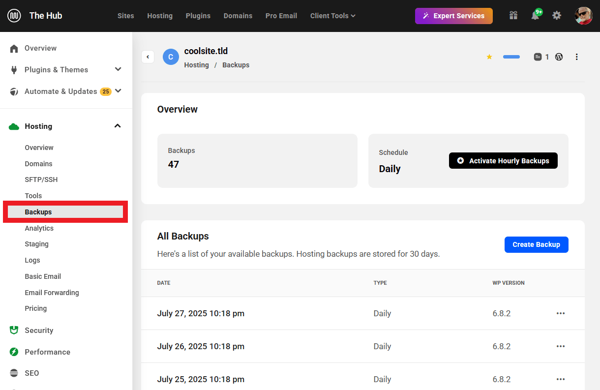 Hosting backups location in the Hub