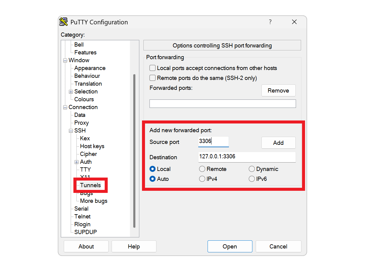 Creating an SSH tunnel with PuTTY