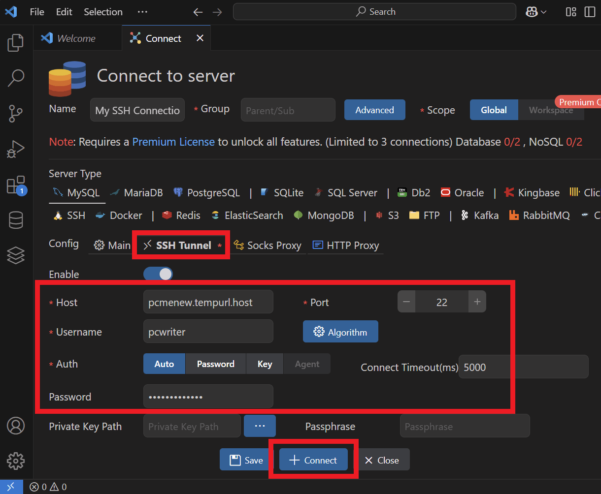 Adding the SSH details and connecting in VS Code