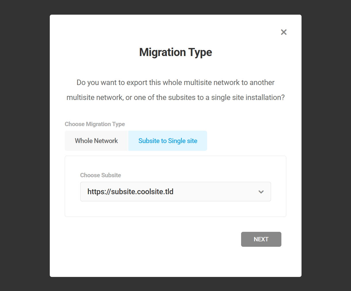 Select subsite migration type in Shipper