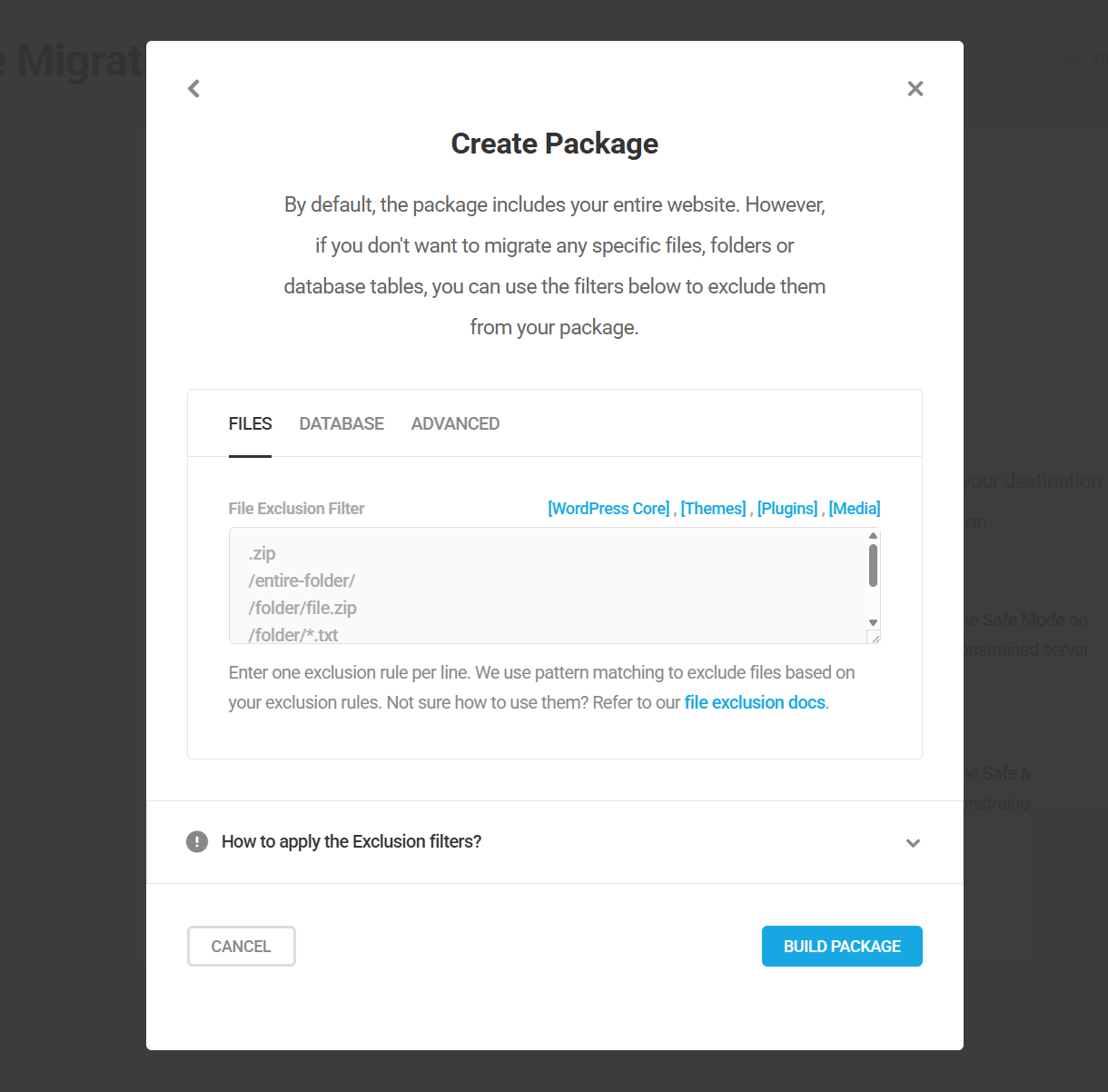 Exclude files and database tables from Shipper migration