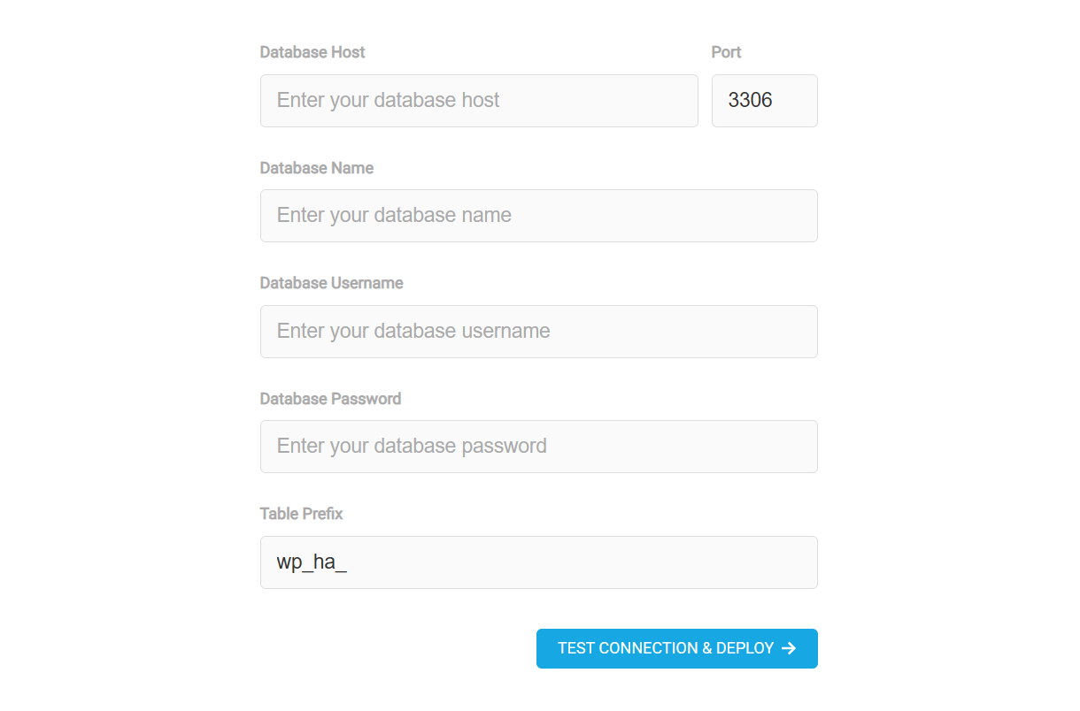 Enter database info for new WordPress install