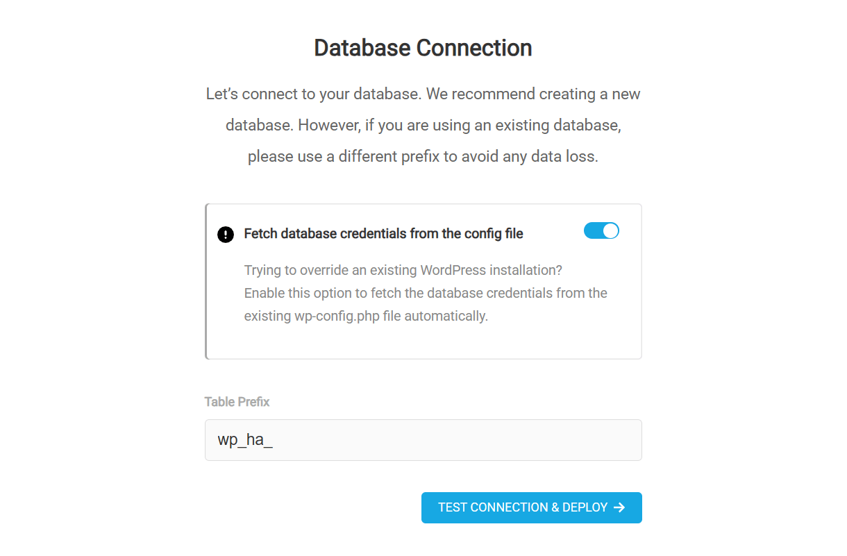 Override database of existing WordPress install