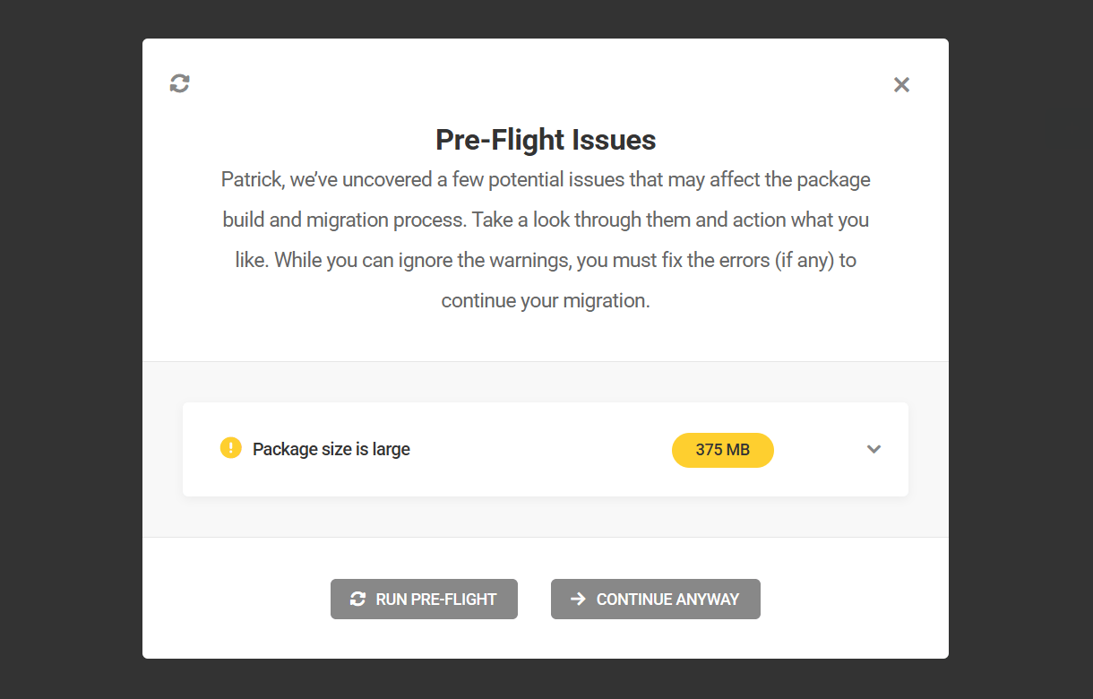 Issues found in pre-flight check