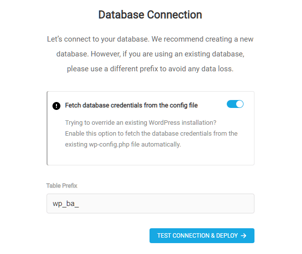 Override database of existing WordPress install