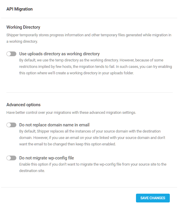 Additional API migration options in Shipper settings