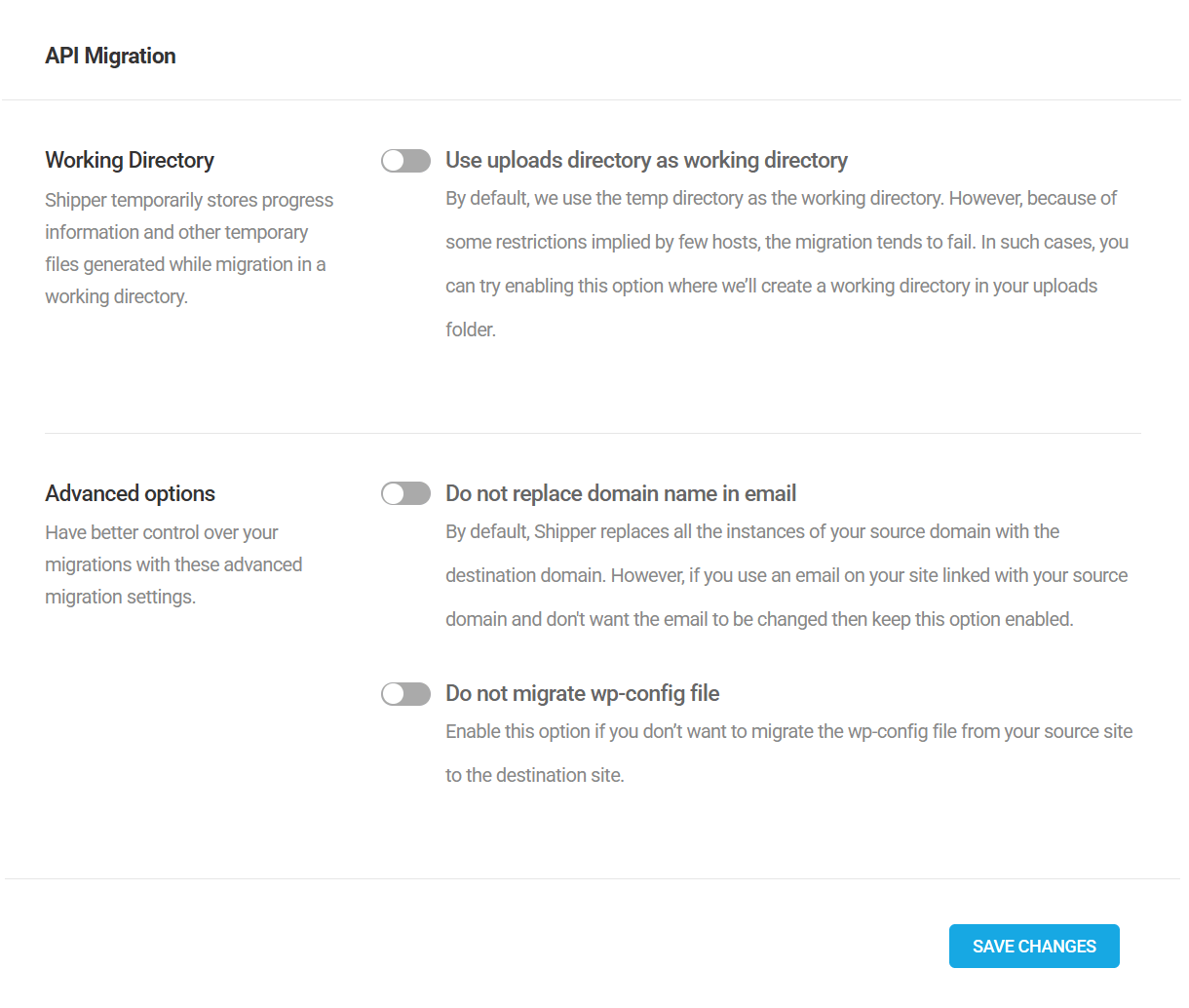 Additional API migration options in Shipper settings