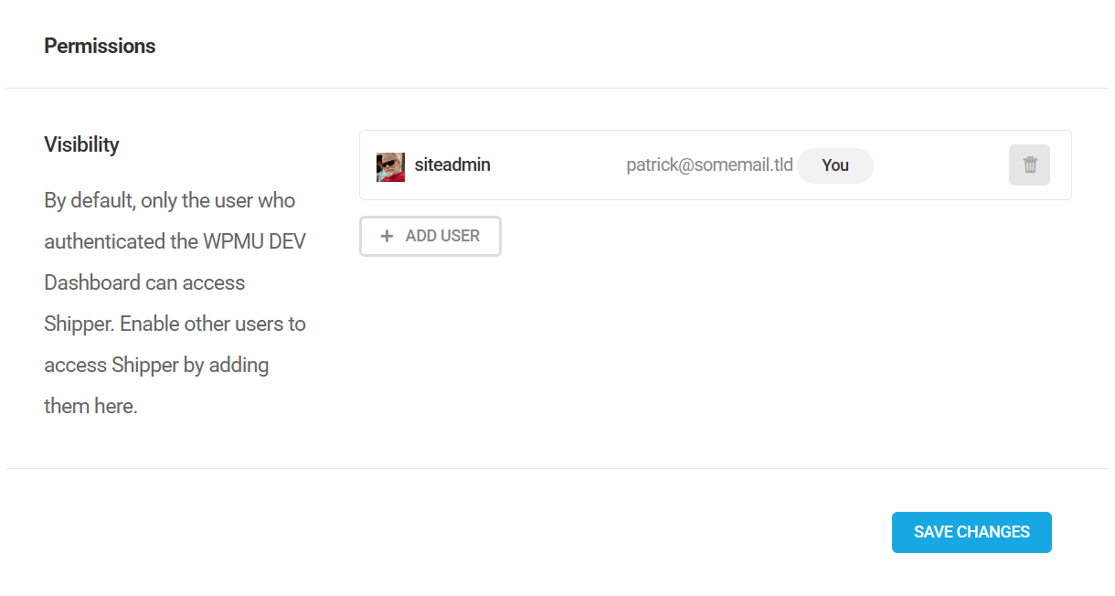 Shipper user permissions settings screen