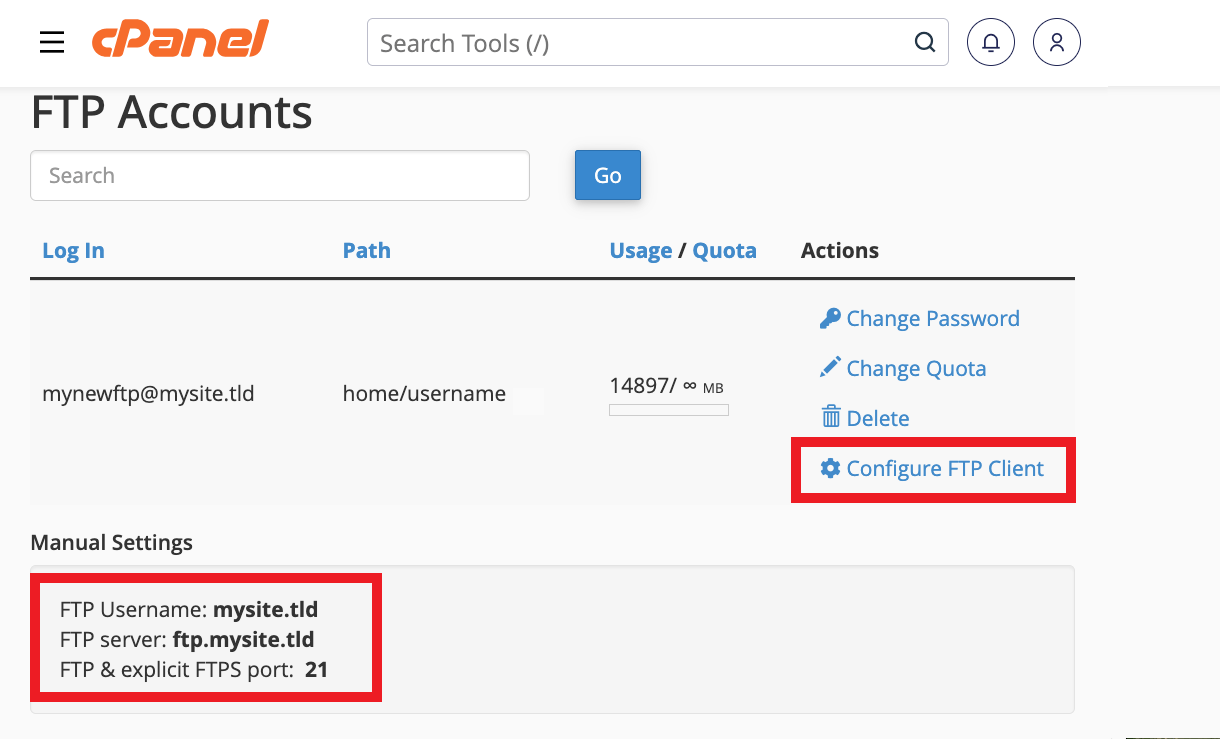 New FTP account created in cPanel