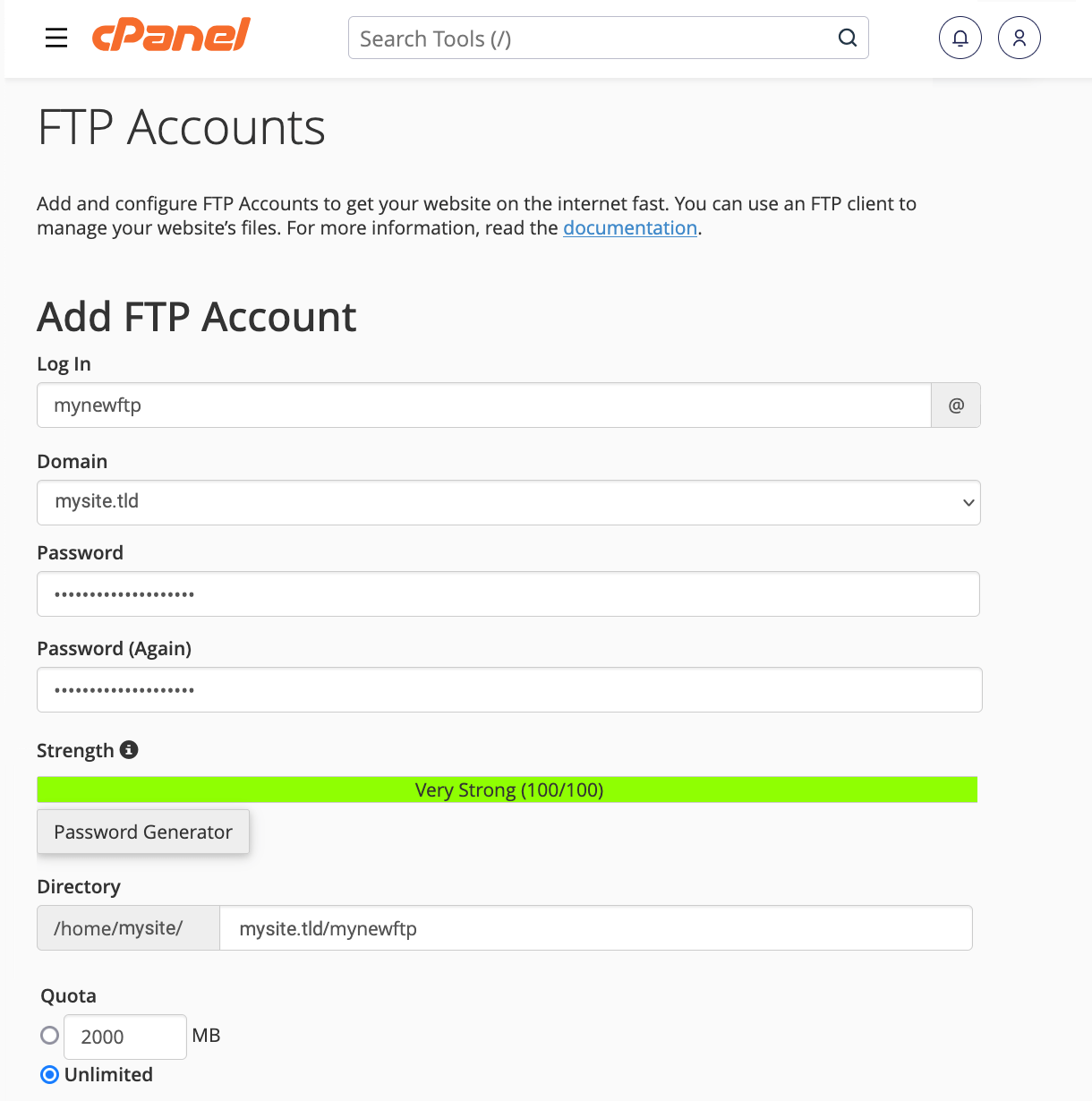 Creating a new FTP account in cPanel