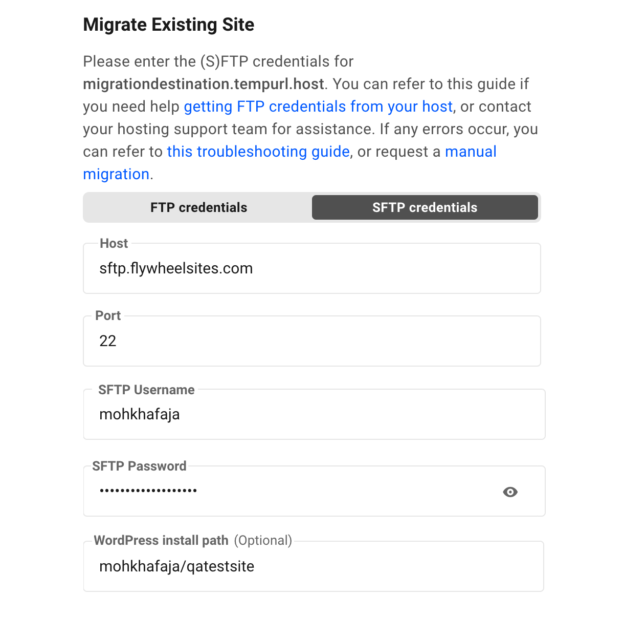 Adding FTP credentials to Hub migration tool