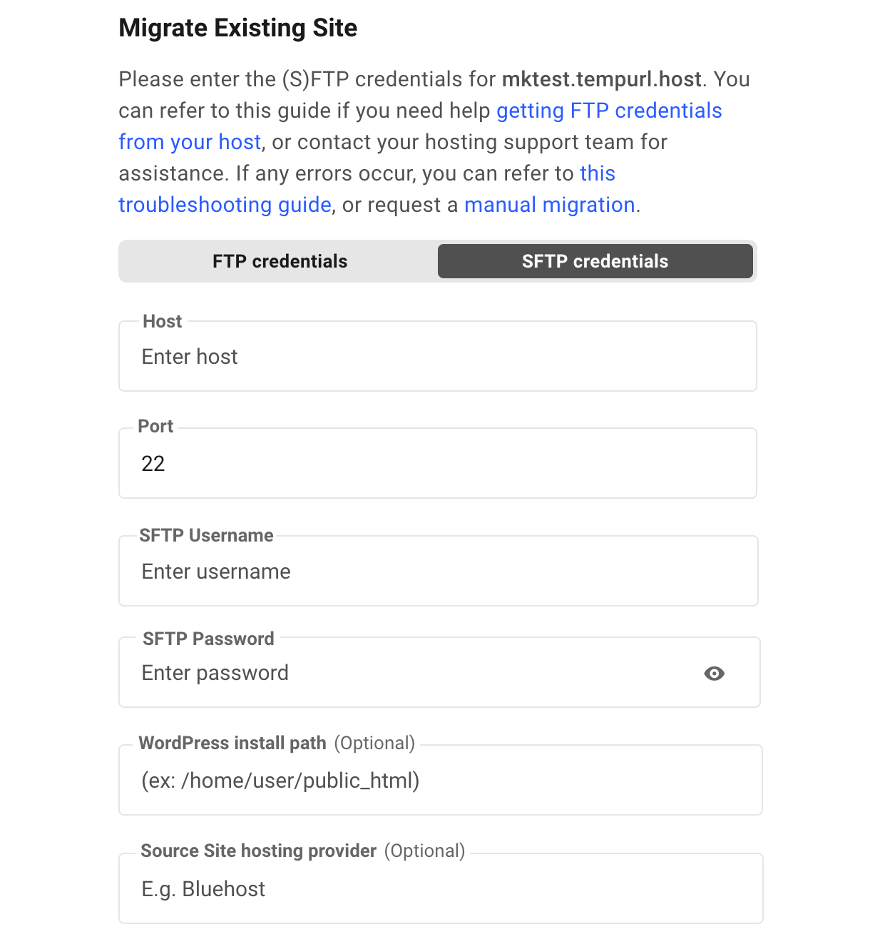 FTP manual migration form in the Hub