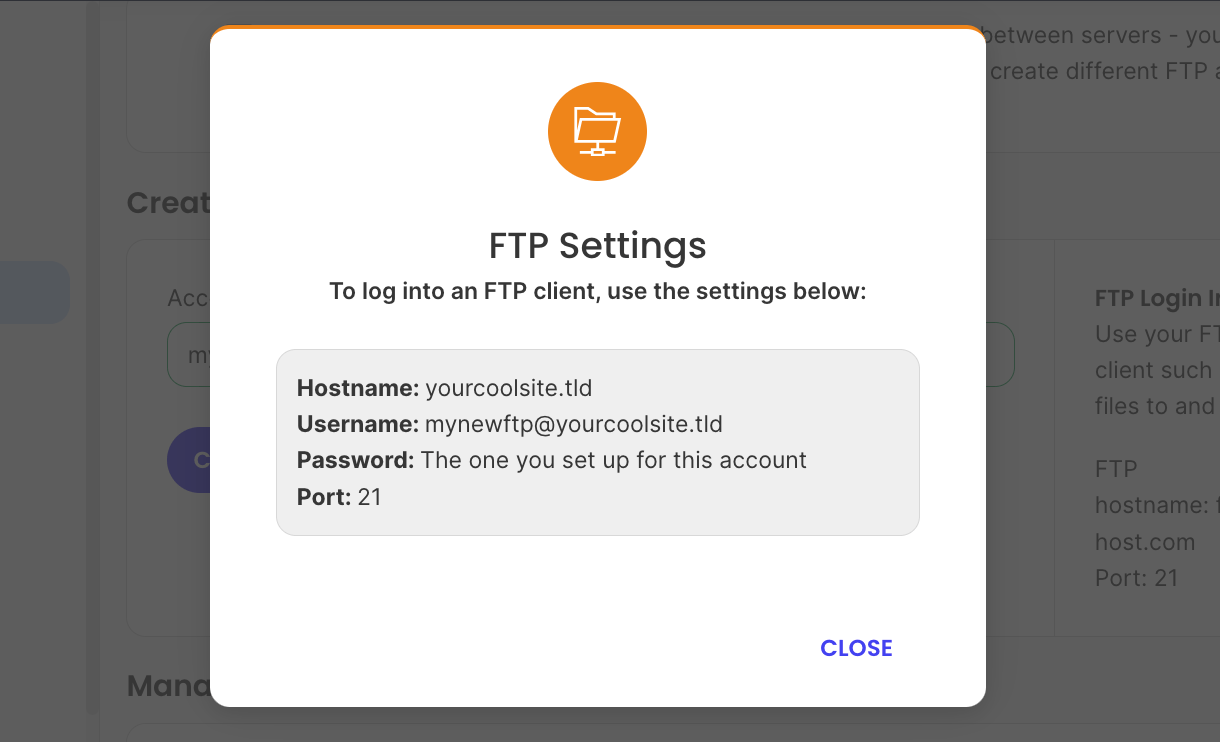 FTP account credentials at Siteground
