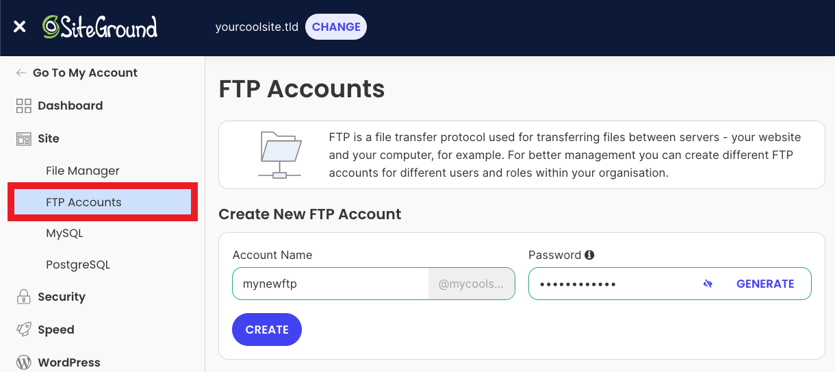 Creating a new FTP account at Siteground