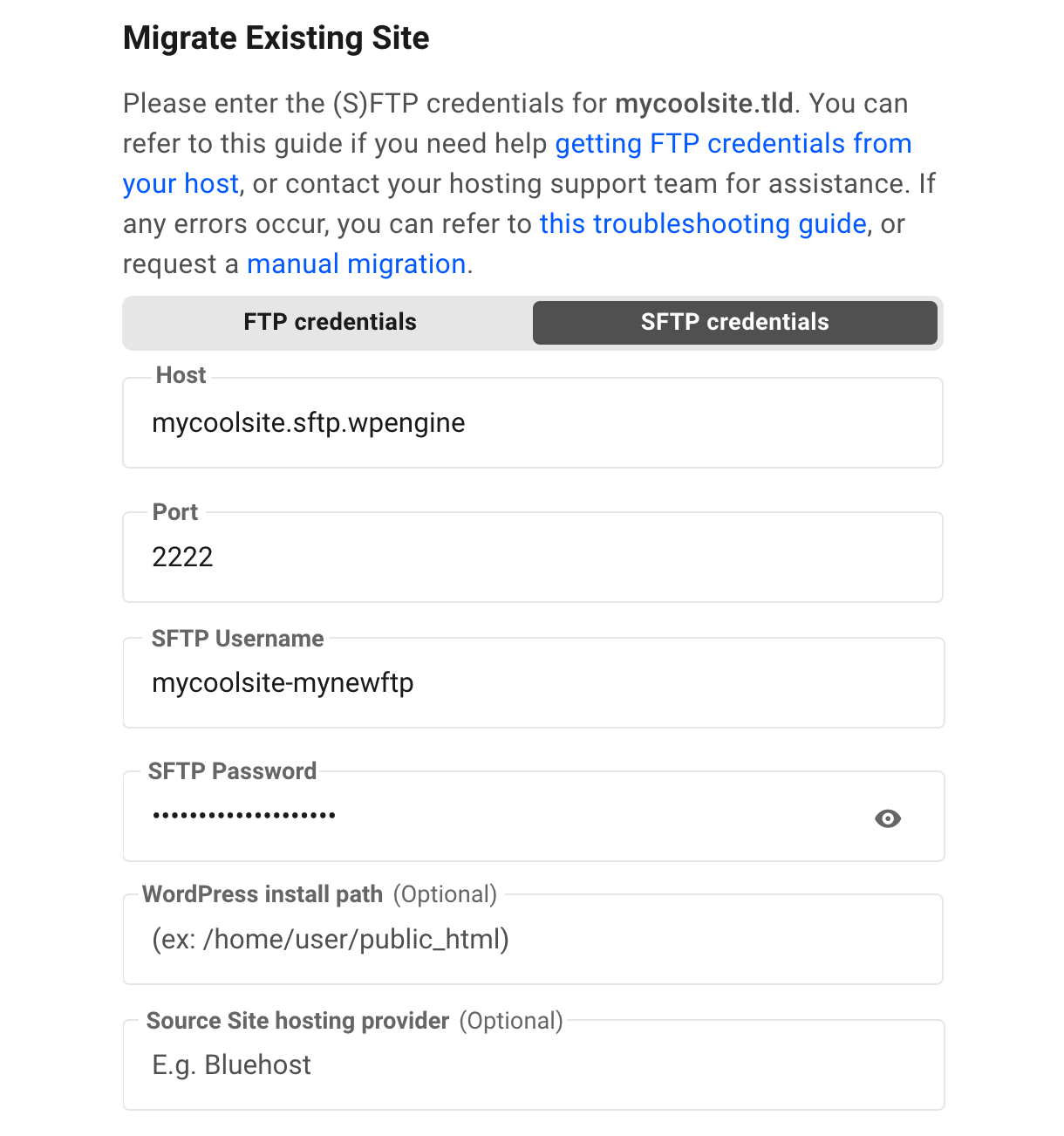 Adding FTP credentials to Hub migration tool