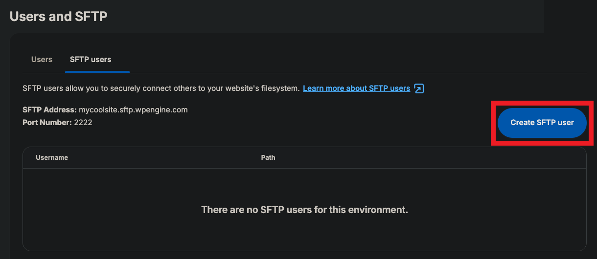 Creating a new FTP account at WP Engine