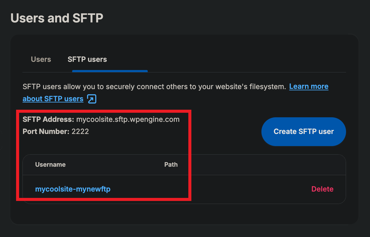 New FTP account created at WP Engine