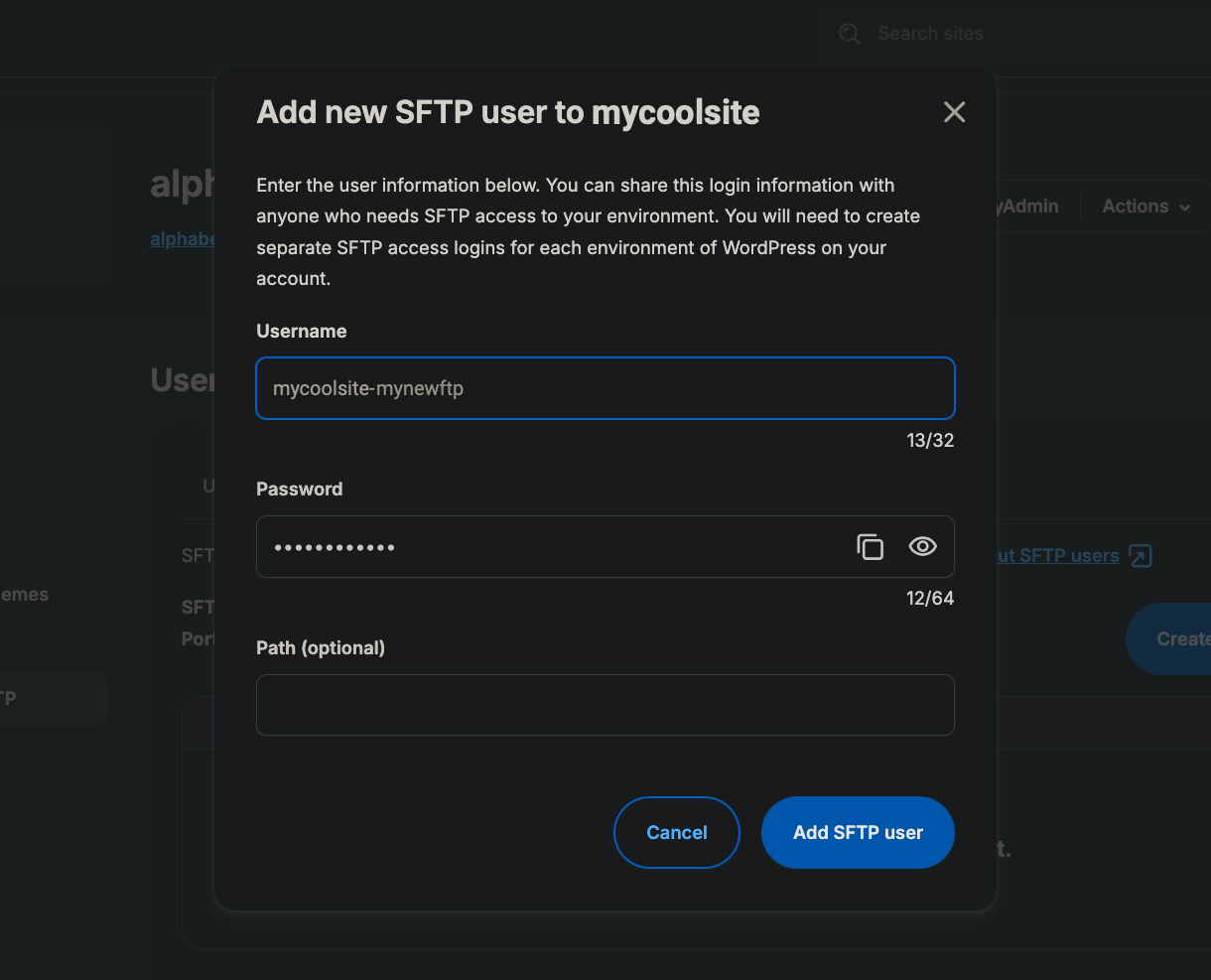 Creating a new FTP account at WP Engine