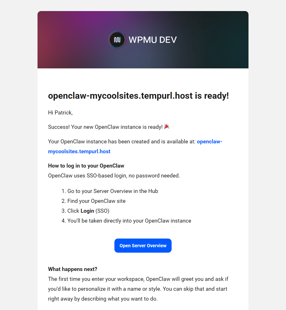 Email sent when an OpenClaw site is created