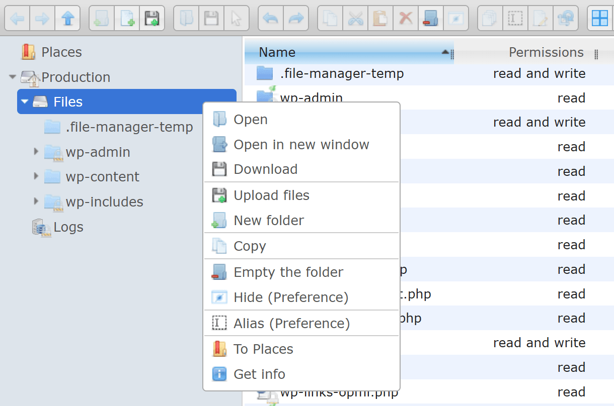 Example of toolbar features on pop-up menu