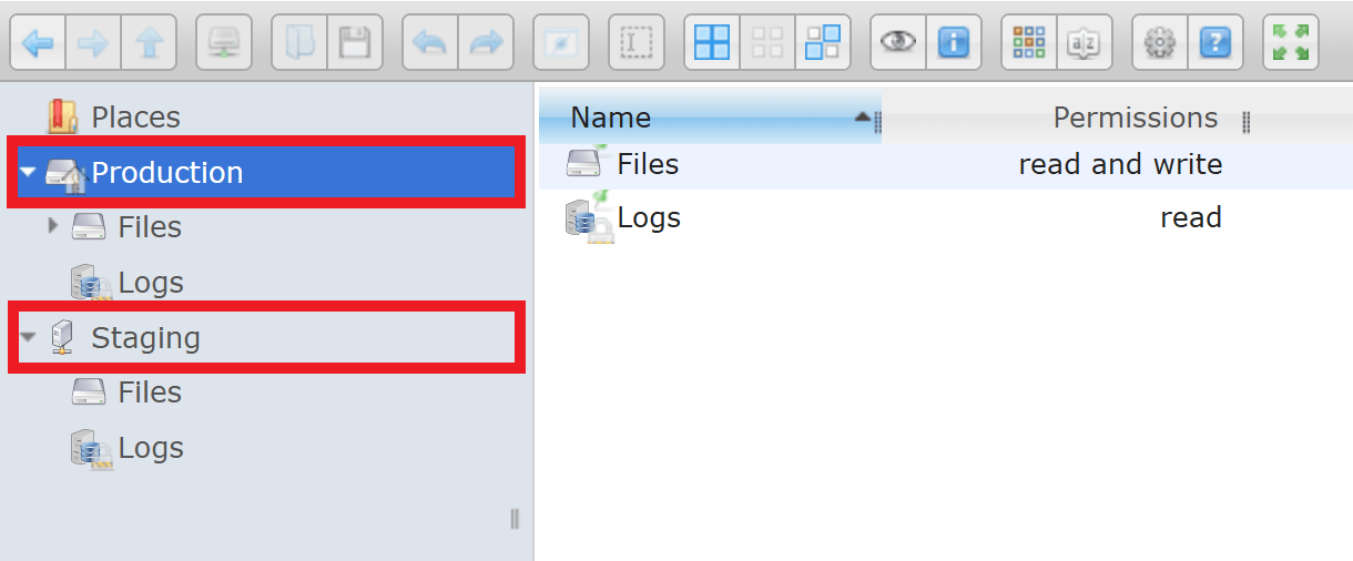 Production and Staging server location in File Manager