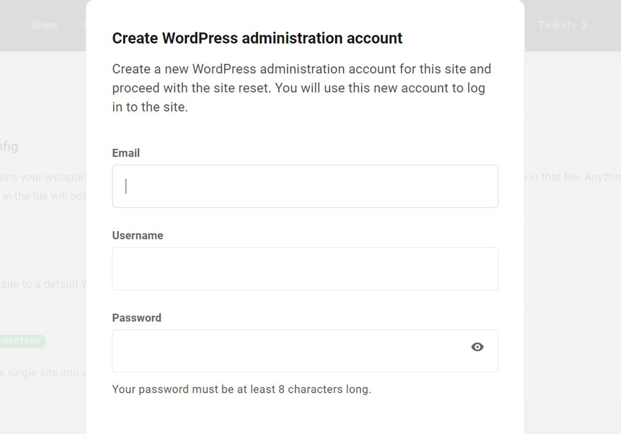 Create a new admin account when resetting WordPress