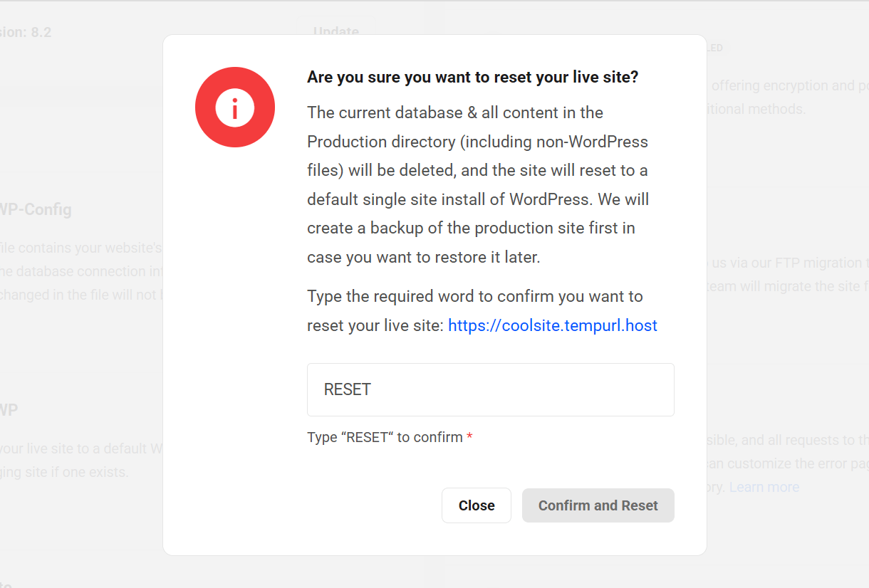 Reset WP Hosting dialog
