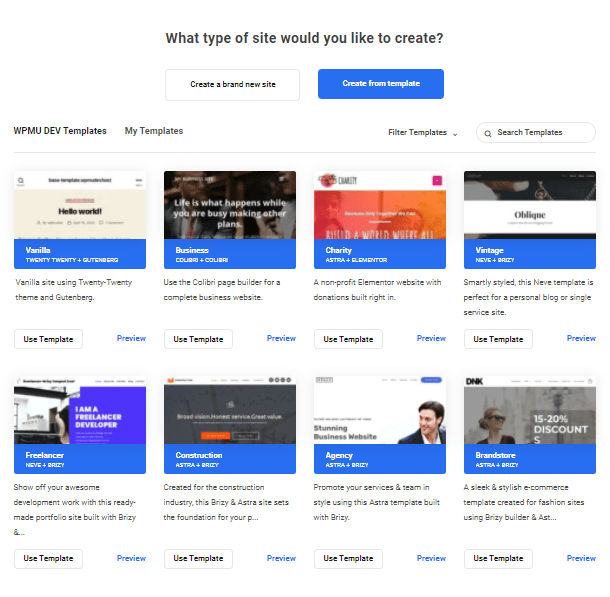 Create a new site from a template in the Hub