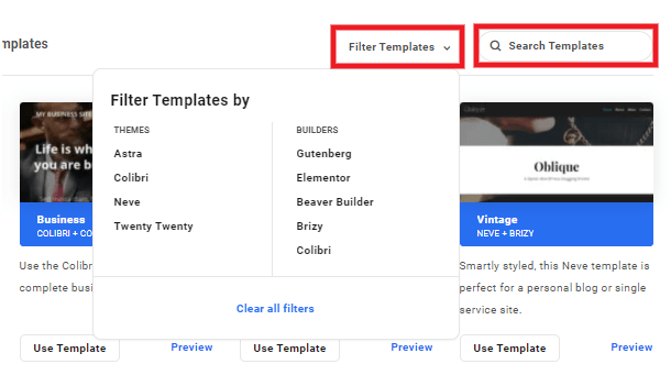 Filter WPMU DEV site templates in the Hub