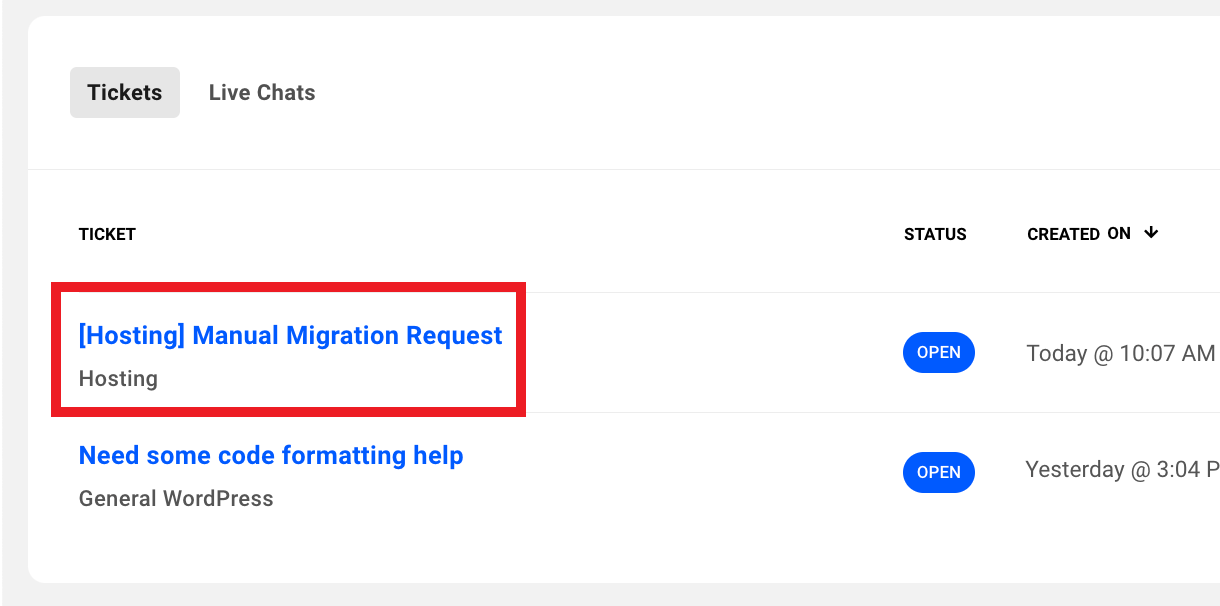 Manual migration request ticket in the Hub