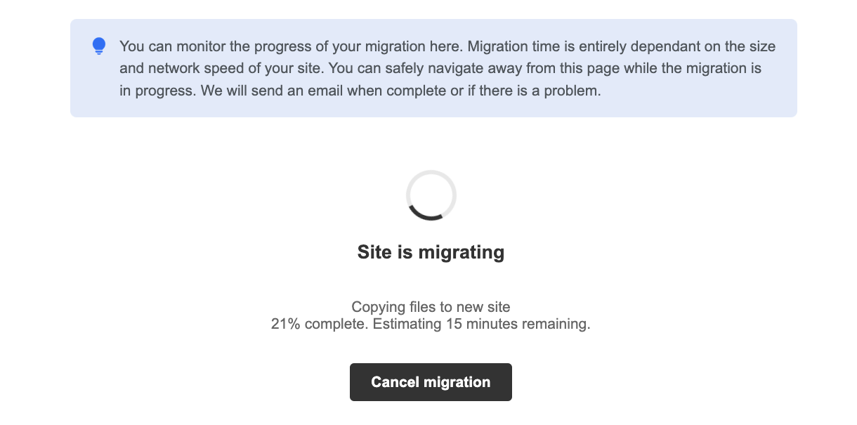 Site migration progress in the Hub