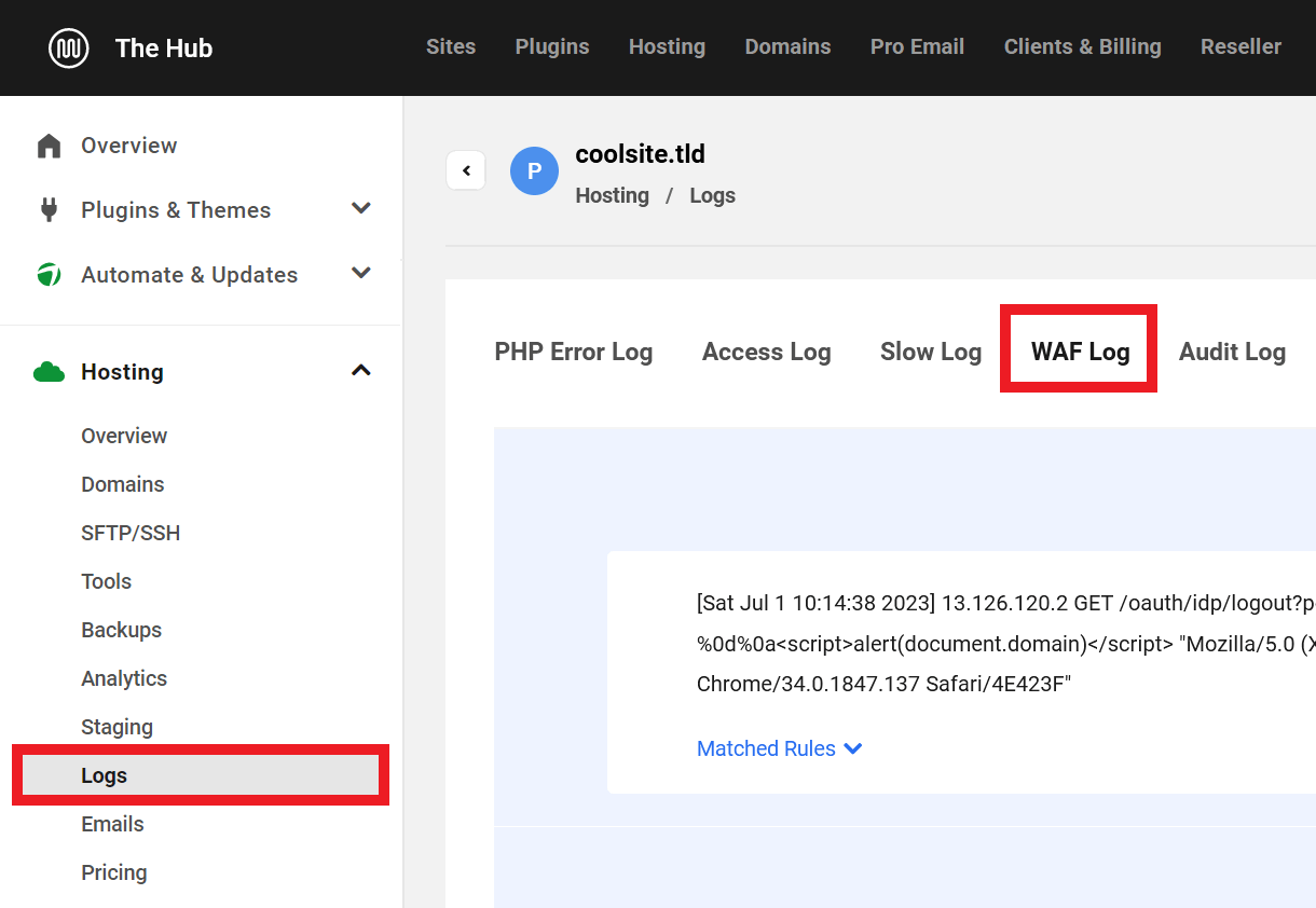 Location of WAF logs for a hosted site